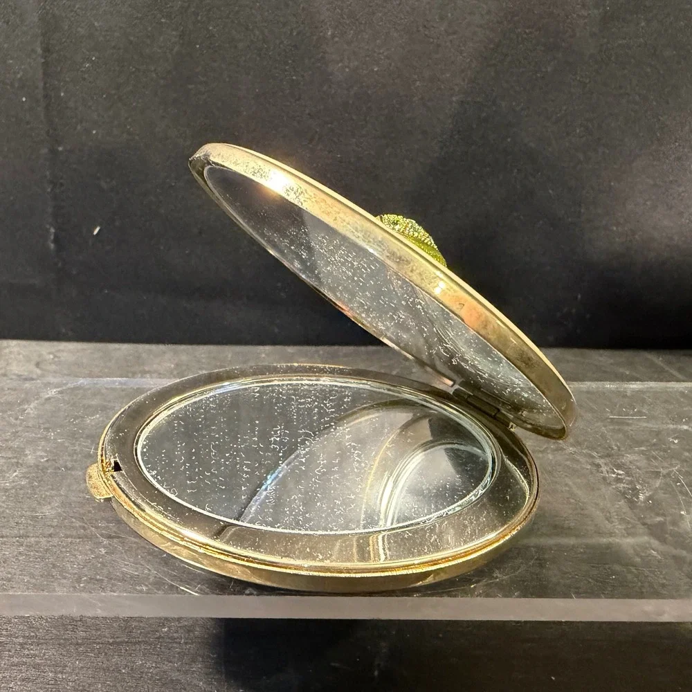 Saks Fifth Avenue Vintage Frog Compact Mirror Green Enamel Crystal Cream Gold